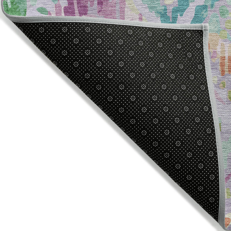 Lavender and Green Geometric Pattern Washable Synthetic Rug
