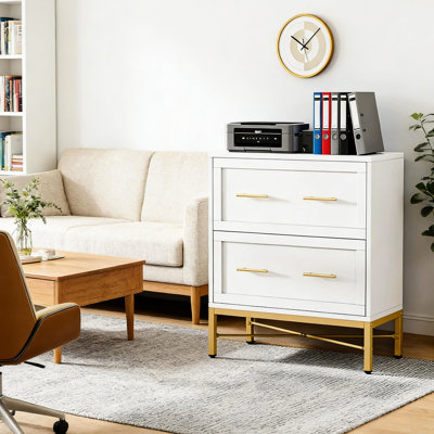 2 classeurs latéraux au design élégant blanc et doré, tiroirs entièrement extensibles, surface de travail de 31,4 po x P 15,7 po pour les décorations, verrouillage intégré, solution d'assemblage facile, finition avec garniture, surface