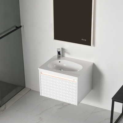 Meuble-lavabo flottant 24 po avec lavabo - armoire murale en bois avec lumières DEL, panneau de tiroir 3D, rangement à fermeture en douceur et cuve en acrylique