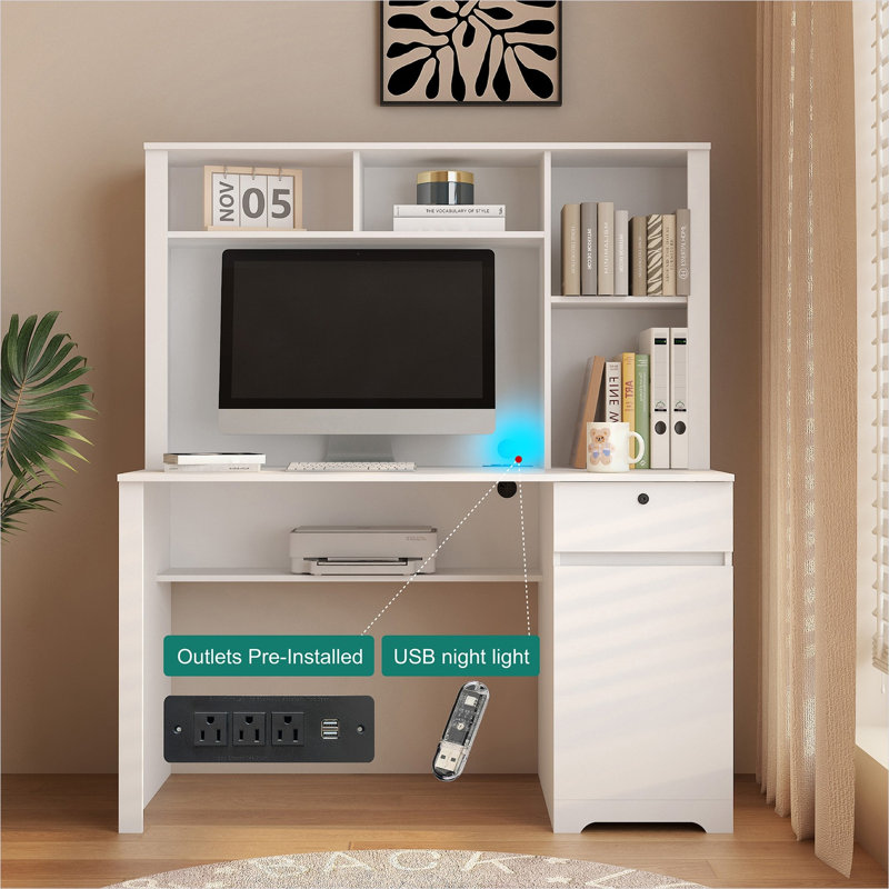 Bureau d'ordinateur avec station de charge et tiroir verrouillable, blanc pur, 51 pouces de large, pour le bureau à domicile