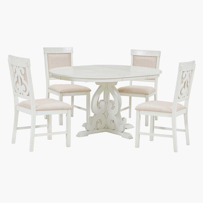 White Extendable Round Pedestal Dining Table Set with Upholstered Chairs