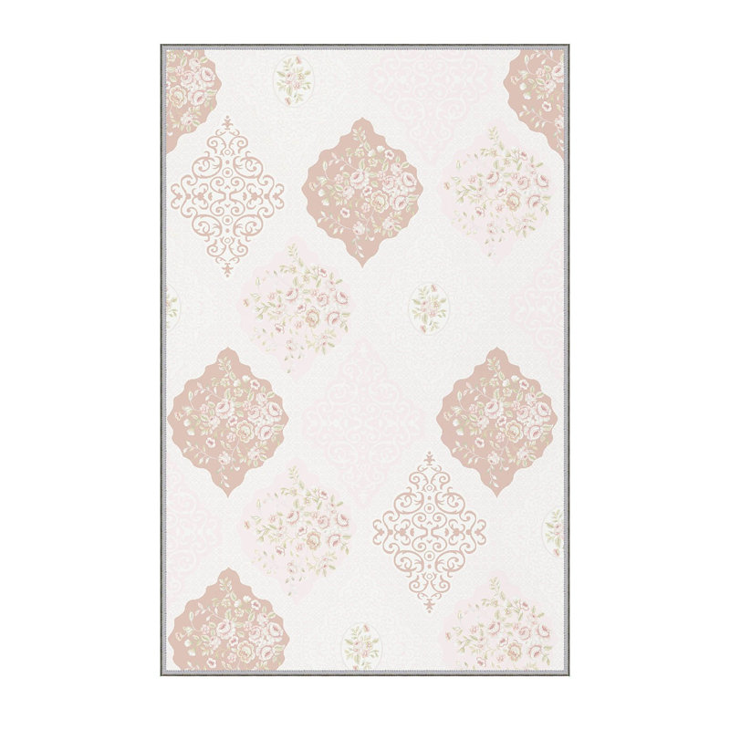 Tapis rose / crème en polyester tissé à la machine Dayana, Rectangle 4 pi 7 po x 7 pi 3 po