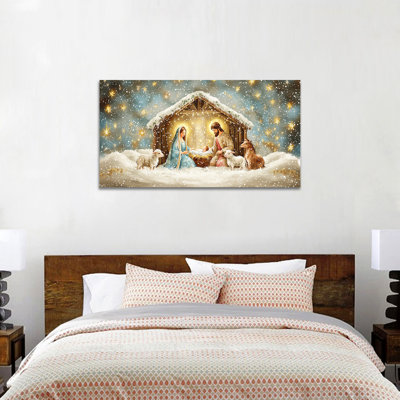 Nativity Scene Wall Art - O Holy Night Canvas Wall Art, Christmas Nativity Pictures Wall Decor for Living Room, Winter Painting for Home Decor Frame Wrapped Canvas Artwork, 20×40 inches
