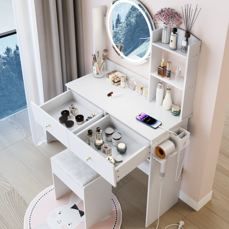 Table de coiffeuse ronde de 17 po à DEL, système de miroir à luminosité réglable à 3 couleurs, interrupteur tactile, charge intégrée 2 AC + 1 de type C, grand miroir, rangement multi-couches, luminosité de style américain, douilles, haute