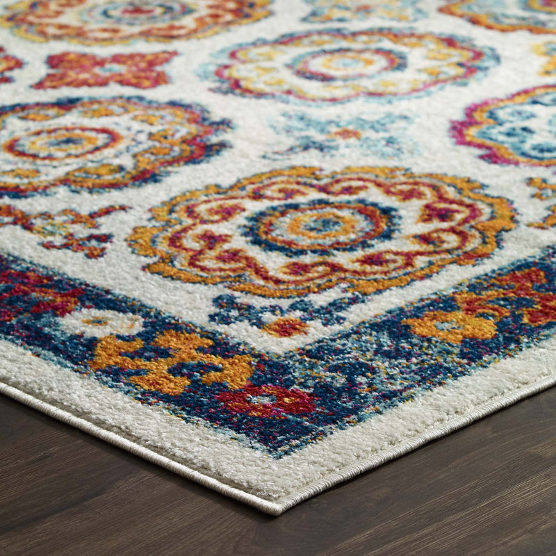 Ivory and Blue Floral Medallion 8' x 10' Area Rug