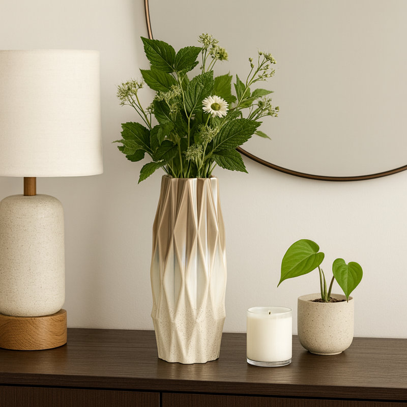 Modern Faceted Ceramic Table Vase for Tabletops - Decorative Tall Flower Vase for Consoles, Entryway, or Home Decor - Ivory & Brown