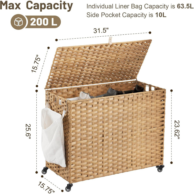 Panier à linge avec roulettes, panier à linge roulant avec couvercle 52,8 gallons (200L).