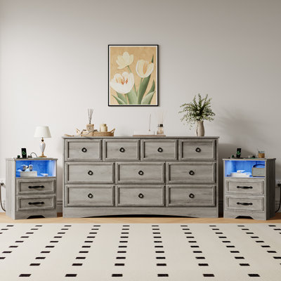  Ensemble de commode 3 pièces - commode 10 tiroirs et deux tables de chevet 2 tiroirs avec station de charge, gris délavé