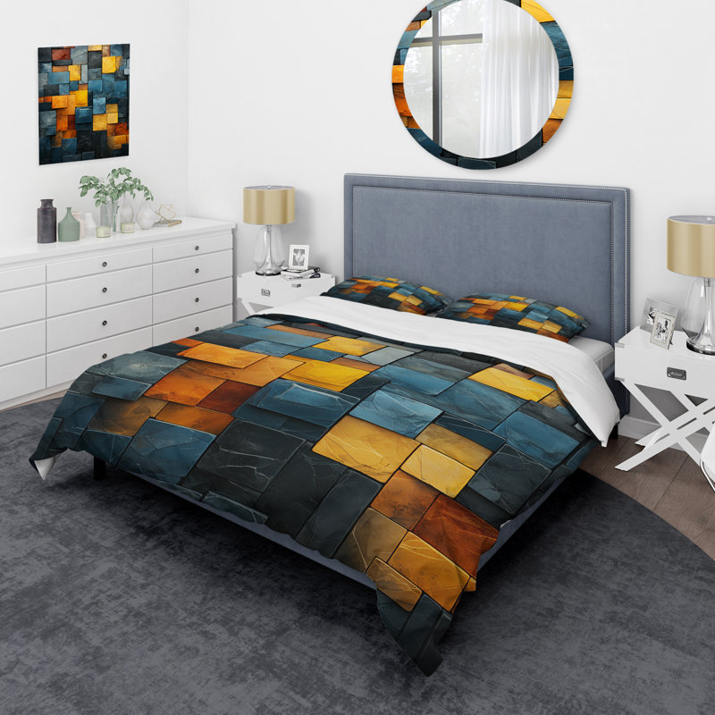 Ensemble de housse de couette en marbre jaune et gris à cubes II, Housse de couette pour très grand lit et 2 très 