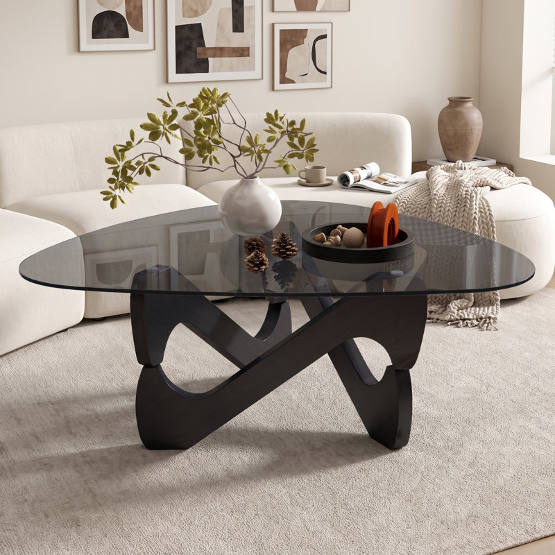 Table basse en verre élégante de style moderne du milieu du siècle, 82 cm x 65 cm x 35 cm, Noir