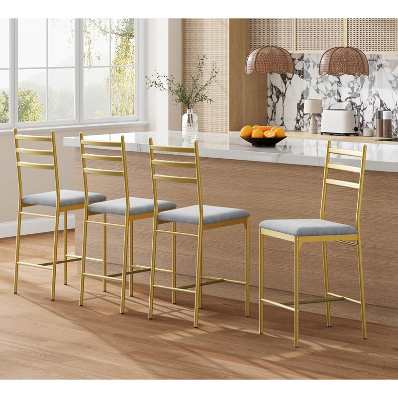 Ensemble de 4 tabourets de bar à hauteur de comptoir, chaises rembourrées épaisses, style rétro, or, Doré, Gris, 4