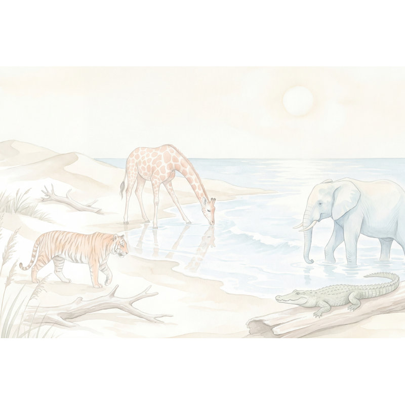 Papier peint animaux safari, aquarelle, paysage côtier, 120 po x 96 po, Texturé non collé