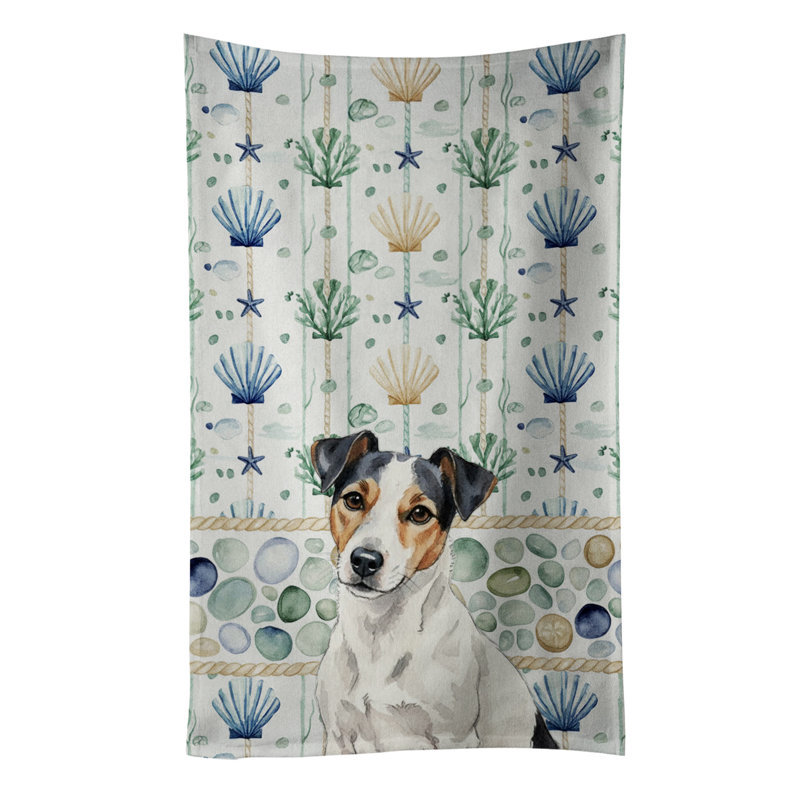 Serviette de cuisine blanche en verre blanc avec marques noires Russell Terrier, Blanc avec marques noires Russell Terrier