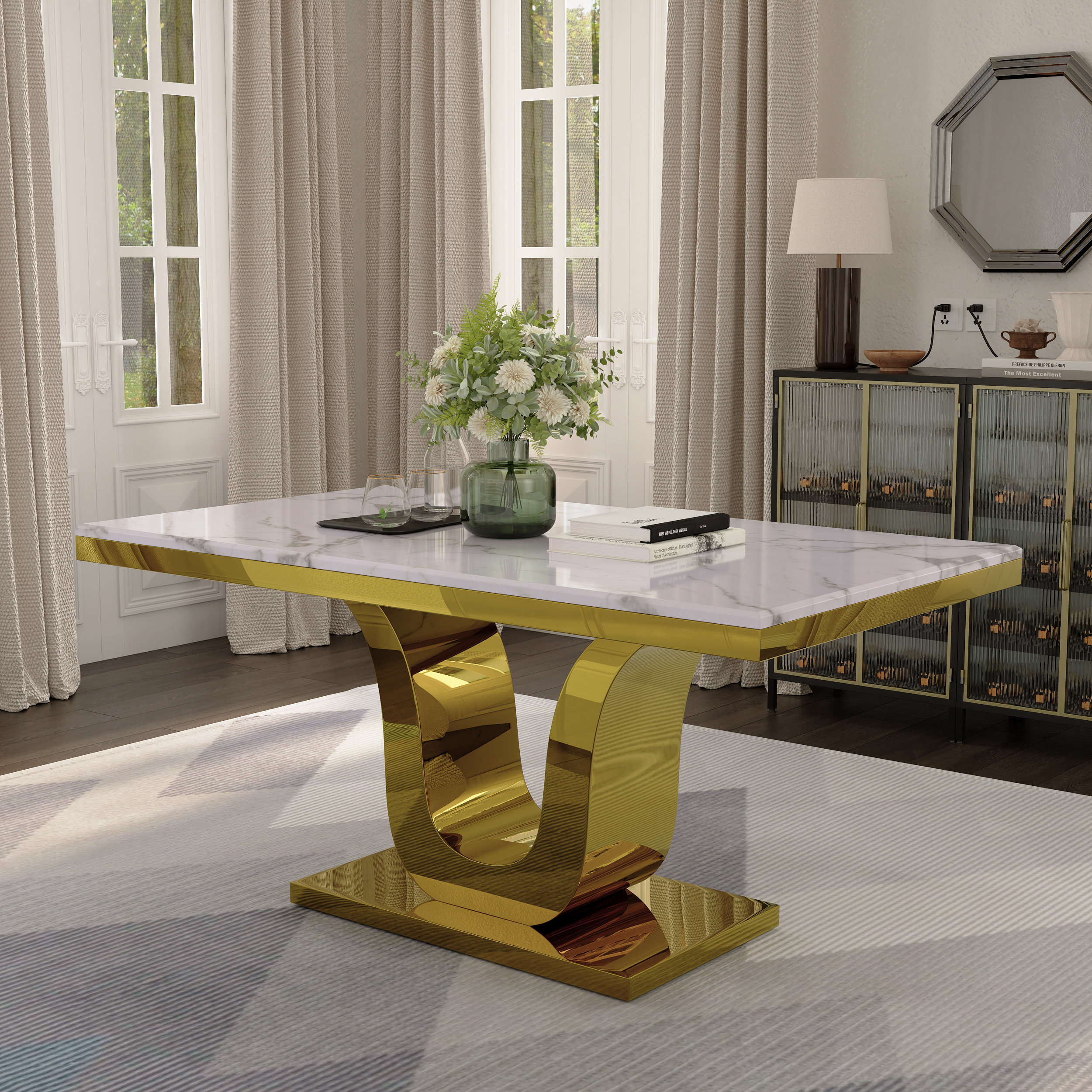 Mercer41 White And Silver Dining Table With Mirrored U Shaped Base ...