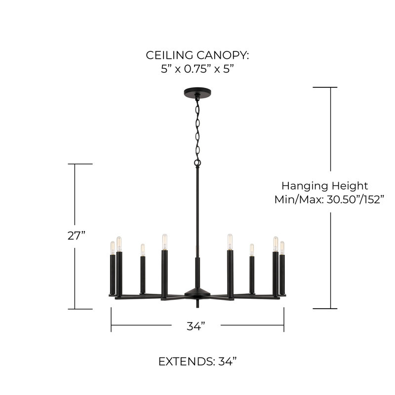 9 - Light Dimmable Modern Linear Chandelier, Matte Black