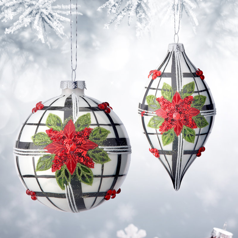 4-6" Glass Poinsettia Plaid Ball Finial Ornament
