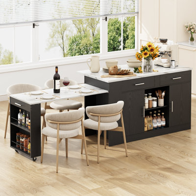 Îlot de cuisine cannelé avec table à manger extensible jusqu'à 100 pouces, plateau en marbre blanc, roulettes verrouillables, 2 armoires, tiroirs et rangements ouverts pour la cuisine et la salle à manger.