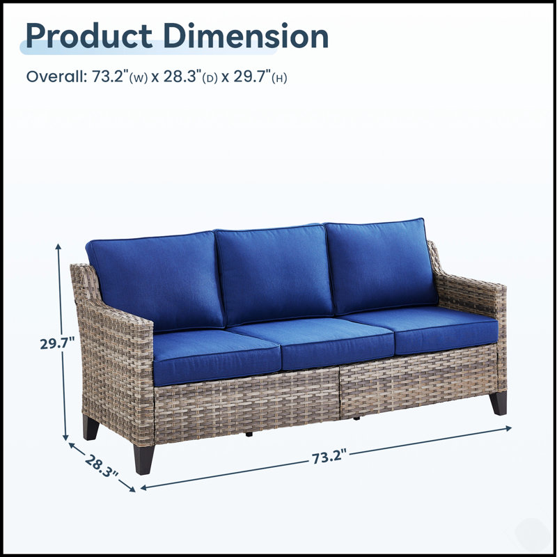 Canapé d'extérieur 73,2 pouces, canapé 3 places en rotin gris avec coussins confortables et fabrication durable, Bleu