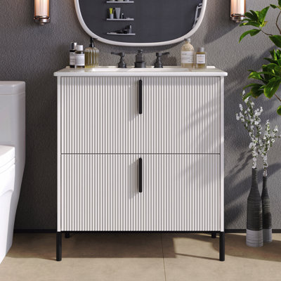 Meuble-lavabo de 30 po avec lavabo en céramique, tiroirs pleine extension, conception cannelée, glissières de tiroir à fermeture en douceur