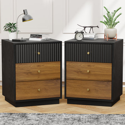 Mid-Century Modern Fluted Nightstand with 3 Drawers
