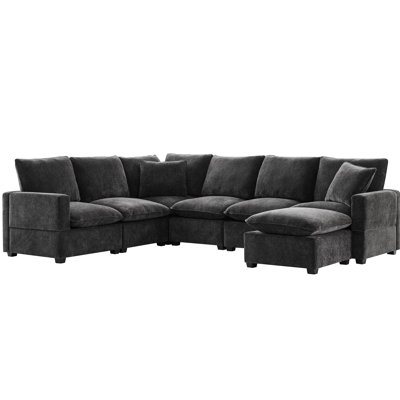 7 Seat Modular , U Shape Chenille Sectional With Pillows, Freely Arranged For Office, Solid Wood Frame, Cushy Foam Padding U-shaped , Couch 2 Assembled Strong