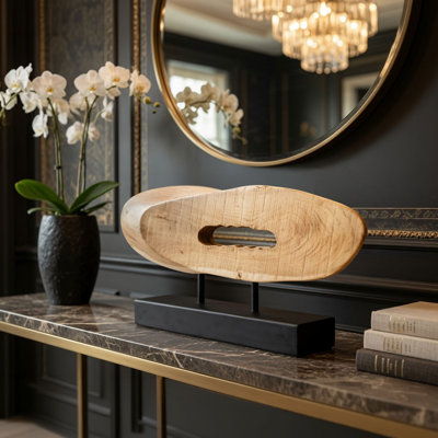 Sculpture de table Kyni en bois d'acacia brun naturel de 24 pouces, décor ovale biologique, base en fer noir