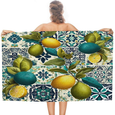 Country Fruit Beach Towel Sand Free, Quick Dry Microfiber, Lemon Leaf Botanical Print Oversized Lightweight Towels for Swimming, Pool, Travel, Gym, Women Men, W, 32 x 63 in