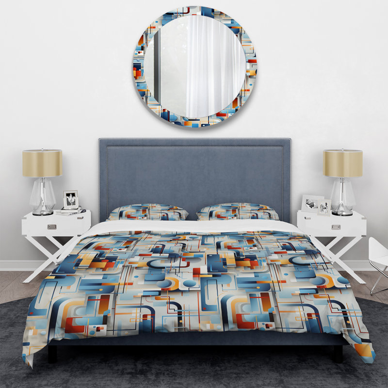 Blue Metropolis Matrix Pattern - Geometric Duvet Cover Set, Housse de couette pour très grand lit et 2 très