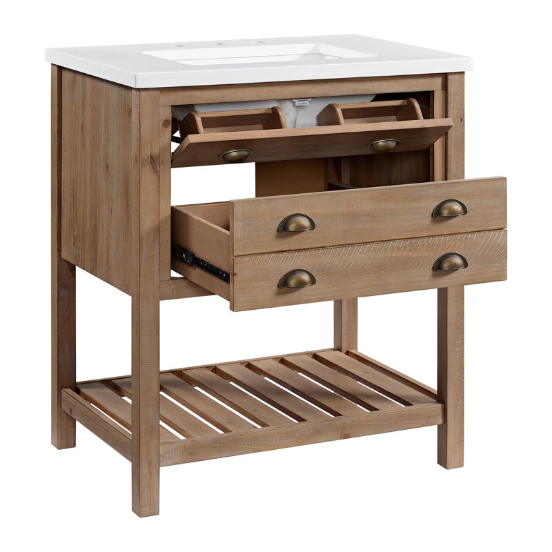 Meuble-lavabo simple autoportant avec plateau en marbre Grigg, Bois flotté