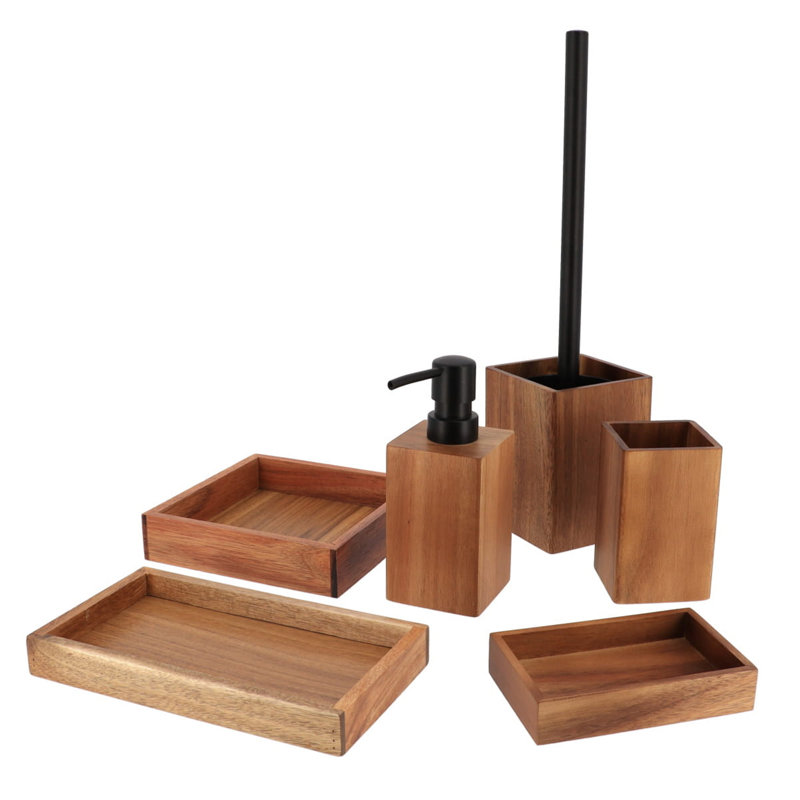 Acacia Wood and Black Metal 6-Piece Bathroom Accessory Set