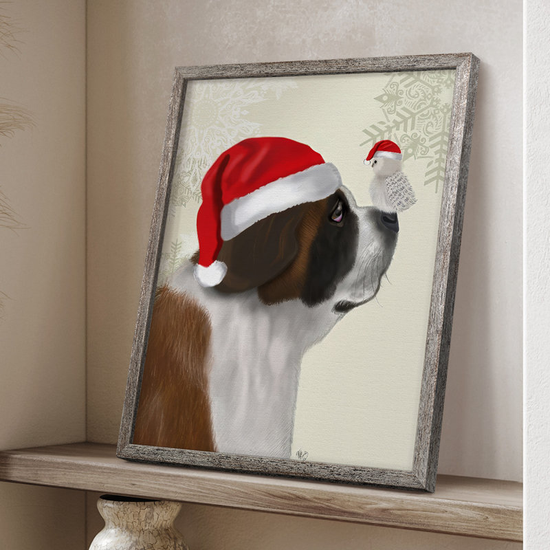 «Christmas St Bernard and Fluffy Owl», reproduction encadrée - bois massif, H 30 po x l 24 po