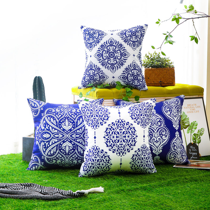 Indoor / Outdoor Waterproof Floral Print Blue Square Throw Pillow Cover