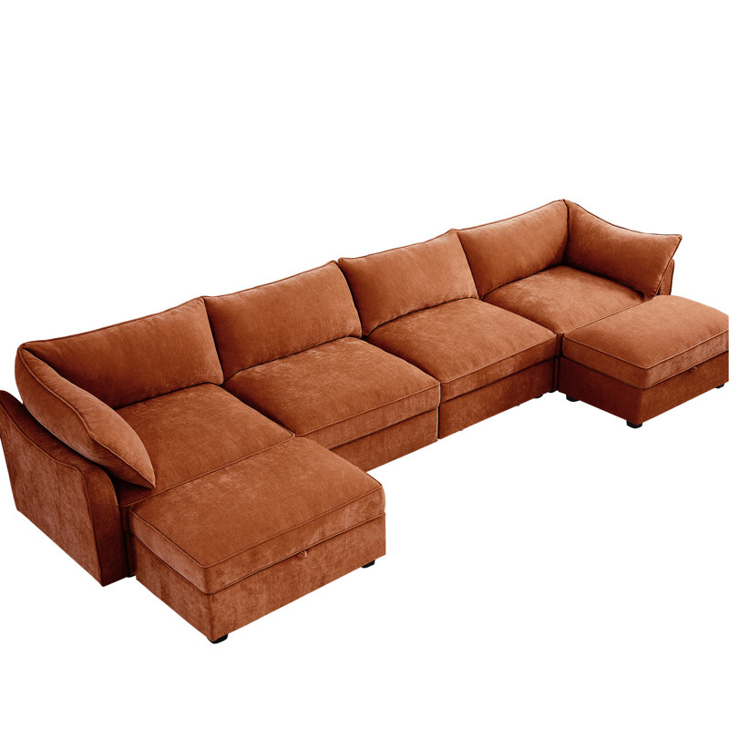 Chenille orange à 4 places en forme de U avec 2 repose-pieds, tiroir de rangement modulaire surdimensionné sous chaque siège, conception intégrée et coussins d'accoudoirs, tissu en forme de croissant Clean Line, doux