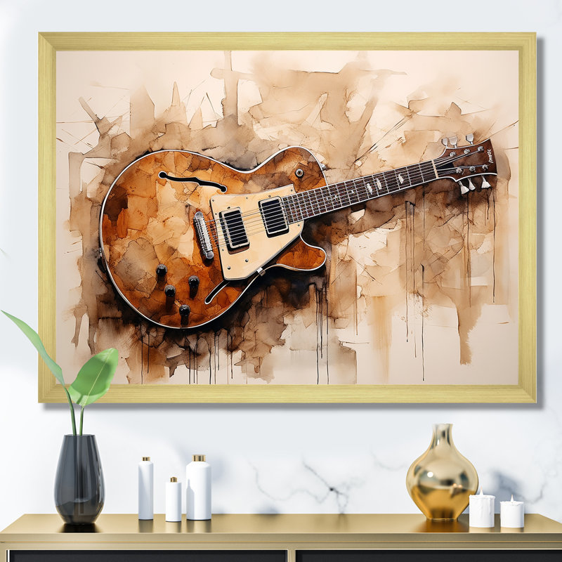 Guitare, simplicité, Earthy Brown III - musique, art mural, Cadre doré simple, H 12 po x l 20 po x P 1 po