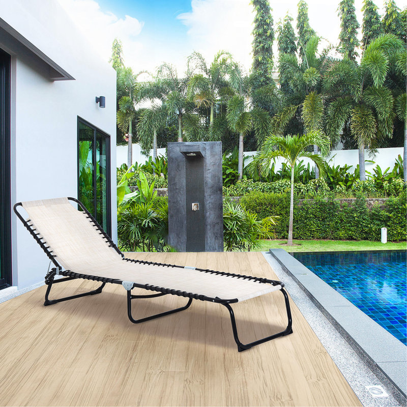 Folding Chaise Lounge Pool Chair, Patio Sun Tanning Chair, Outdoor Lounge Chair With 4-Position Reclining Back, Breathable Mesh Seat For Beach, Yard, Patio, Cream White