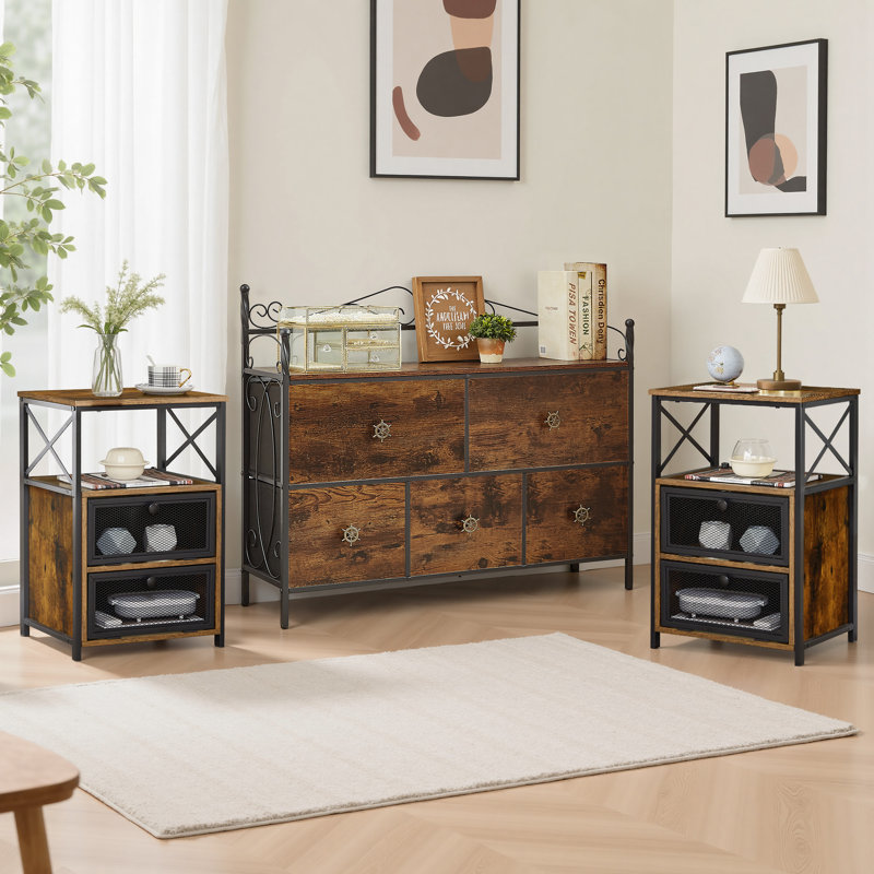 3-Piece Bedroom Furniture Set, Rustic Brown Dresser With 5 Drawers And 2 Nightstands, Industrial Wood And Metal Bedroom Set With Storage For Bedroom, Guest Room, Or Apartment