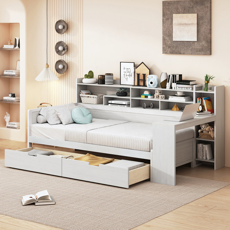 Lit de jour simple avec tablettes de rangement, lit multifonctionnel avec deux tiroirs de rangement, lit d'invité