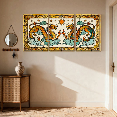 Dragon and Cloud Stained Glass Style Set of 3 Canvas Wall Art Prints