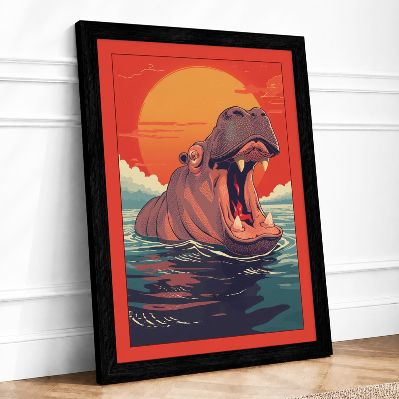 Hippopotamus Rising Retro - Framed Print, A2 - 59.4 x 42.0 cm, Black
