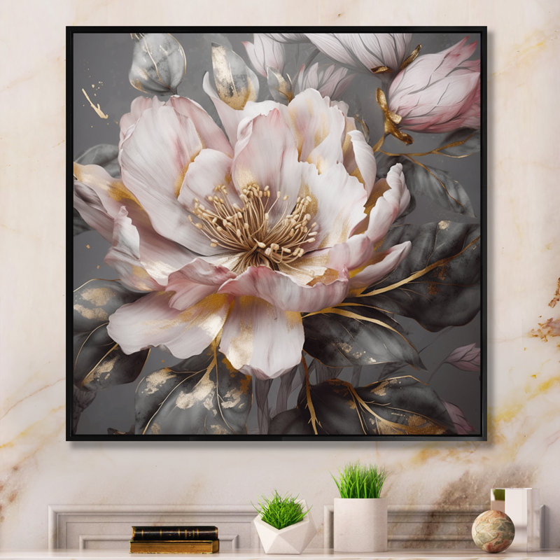 Rose et gris pivoines en fleurs III - pivoines, art mural, H 16 po x l 16 po, Cadre flottant noir