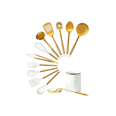 Cooking Utensils Set with Black Ceramic 13-Piece Utensil Holder and Stackable Spoon Rest