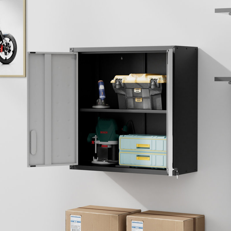 29.5” W Metal Garage Storage Cabinet - Adjustable Shelf., Black/Gray