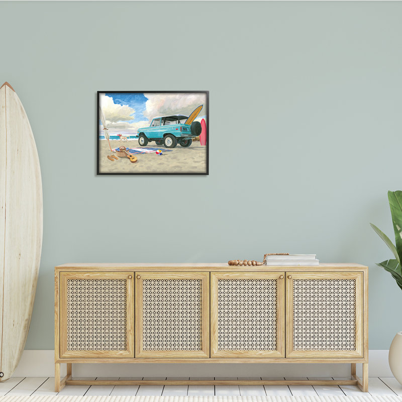 Été, plage de sable, croiseur, planche de bord, chien XXL encadré noir, estampe numérique de James Wiens