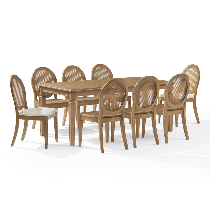 Jacolyn 9Pc Dining Set With Cane-Back Upholstered Chairs, 9 Pieces: Table, 8 Chairs