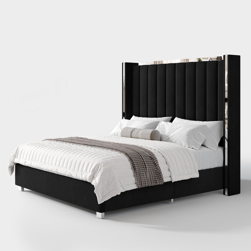 Base de lit grand Gerasim avec tête de lit haute de 57 po, lit plateforme tapissier en velours, noir, Grand lit, Noir