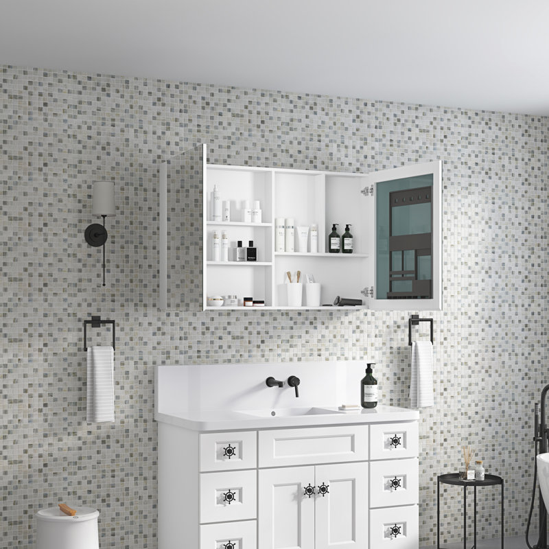 Armoire de rangement à miroir biseauté pour salle de bain l 48 po x H 30 po - Bois d'ingénierie et salle de bain spacieuse 48 po x 30 po
