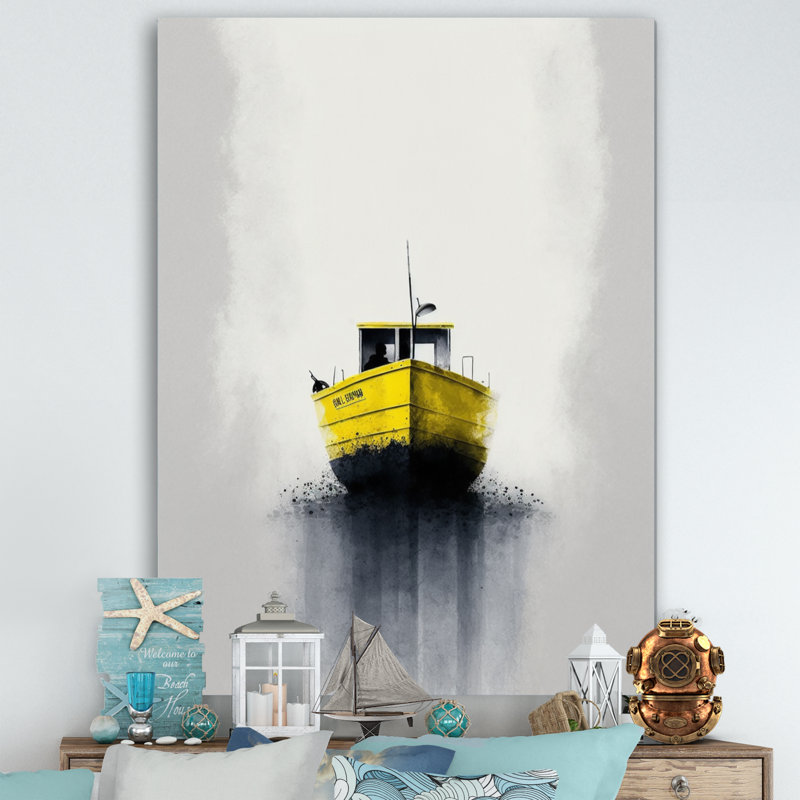 Décoration murale bateau de brouillard jaune sur le lac III - Bateau côtier, H 32 po x l 16 po x P 1 po, Toile tendue