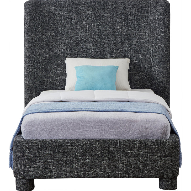 Kiria Upholstered Wingback Bed, Black Linen Textured Fabric, Twin