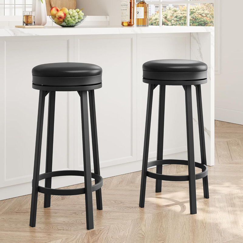360° Swivel Bar Stool, PU Leather Upholstered Bar Stool with Metal Footrests, Mid Century Modern Barstool, Black, 2