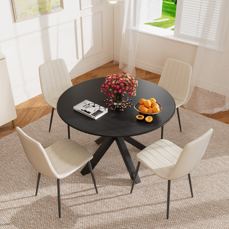 5-Piece Round Glass Dining Table Set with 4 Velvet Dining Chairs, Black, Cream, Black